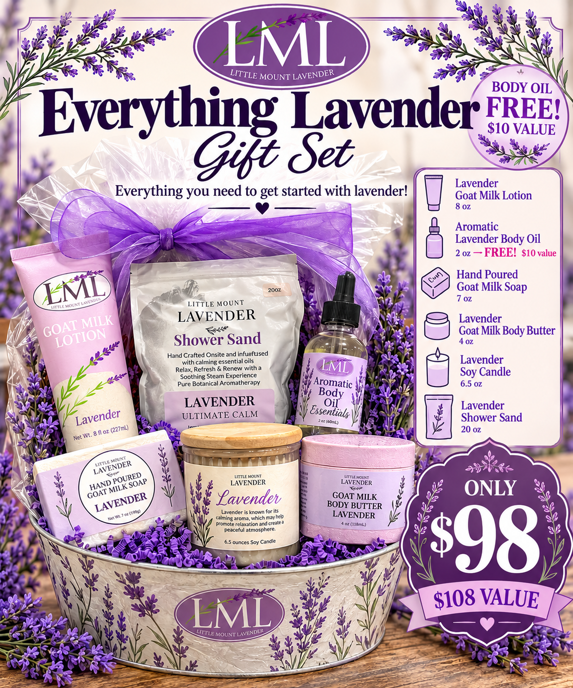 Everything Lavender Gift Basket "Free Shipping" Free Body Oil