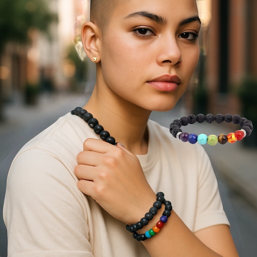 Chakra and Lava Stone Bracelet Single
