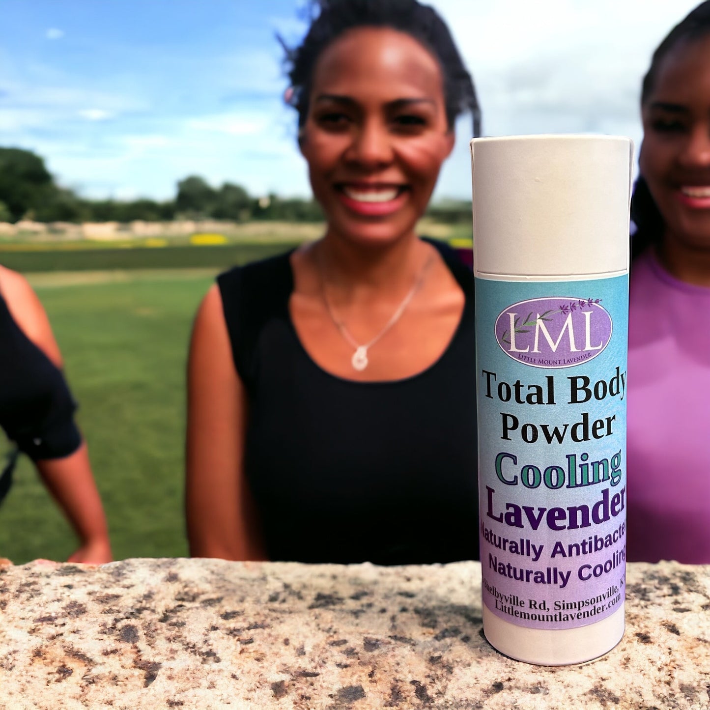Little Mount Lavender natural cooling body powder in a 4 oz tube, featuring corn starch and baking soda ingredients.