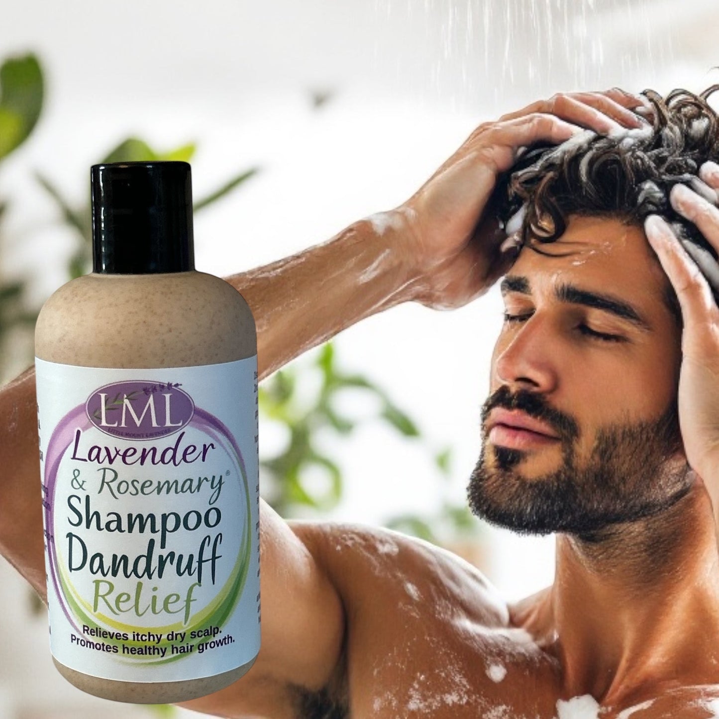 Little Mount Lavender shampoo for dry scalp and dandruff relief with rosemary and lavender in a bottle next to a man