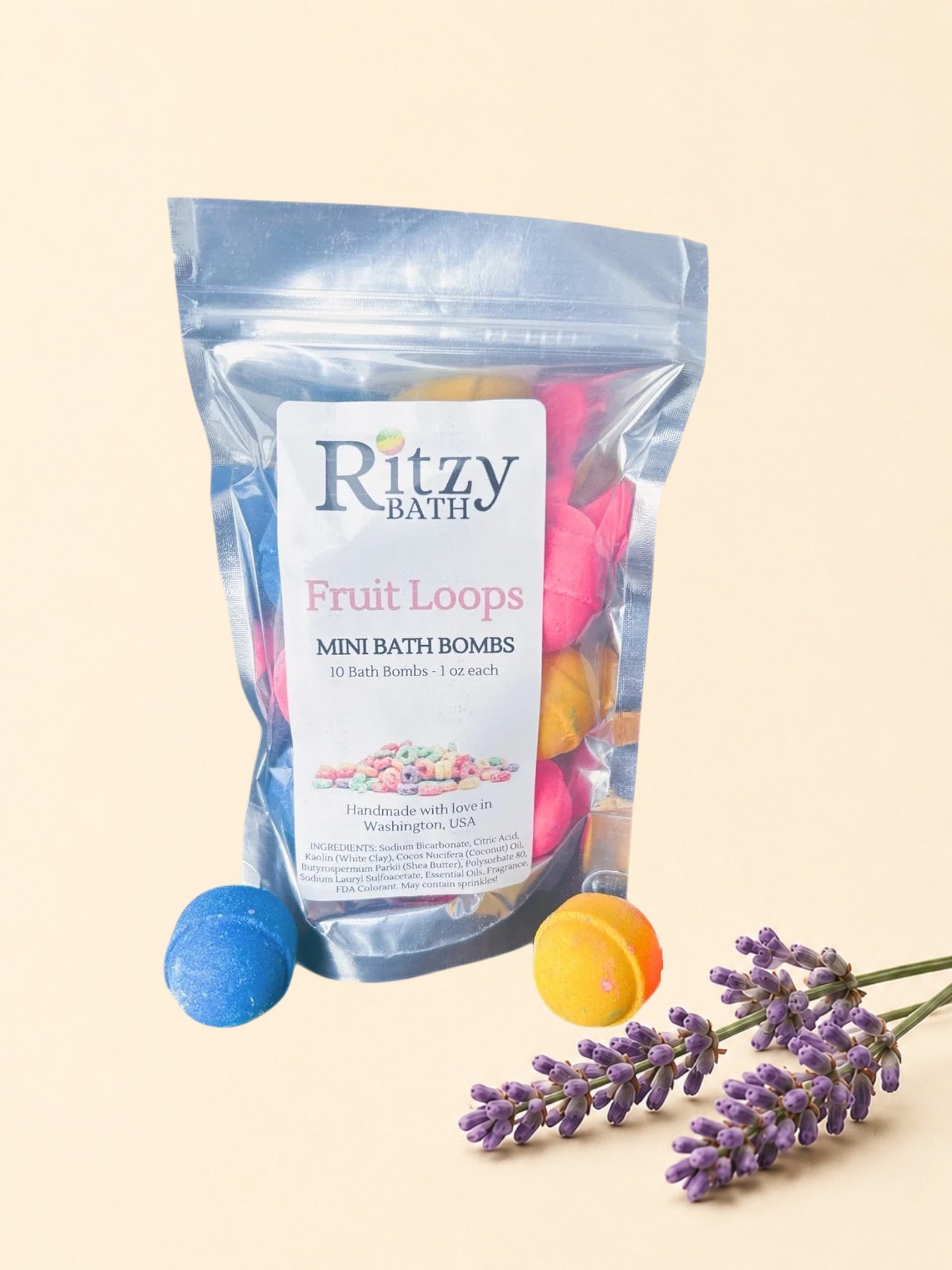Little Mount Lavender Ritzy BATH Fruit Loops mini bath bombs in a clear pouch with colorful fizzing spheres.