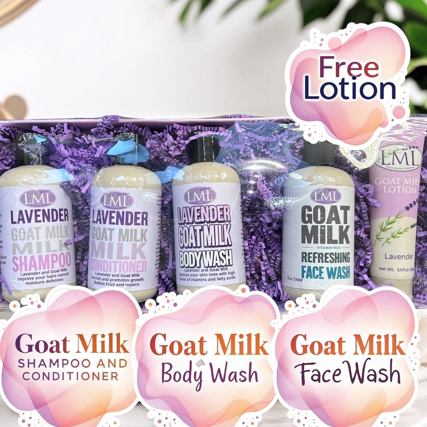 Little Mount Lavender goat milk bath care set including shampoo, conditioner, body wash, face wash, and free lotion.