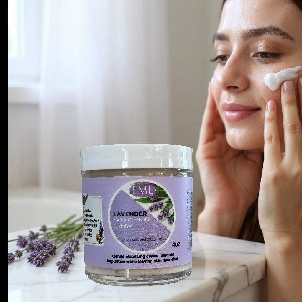 Little Mount Lavender goat milk facial cleanser cream with lavender, applied to a woman's cheek for skincare.