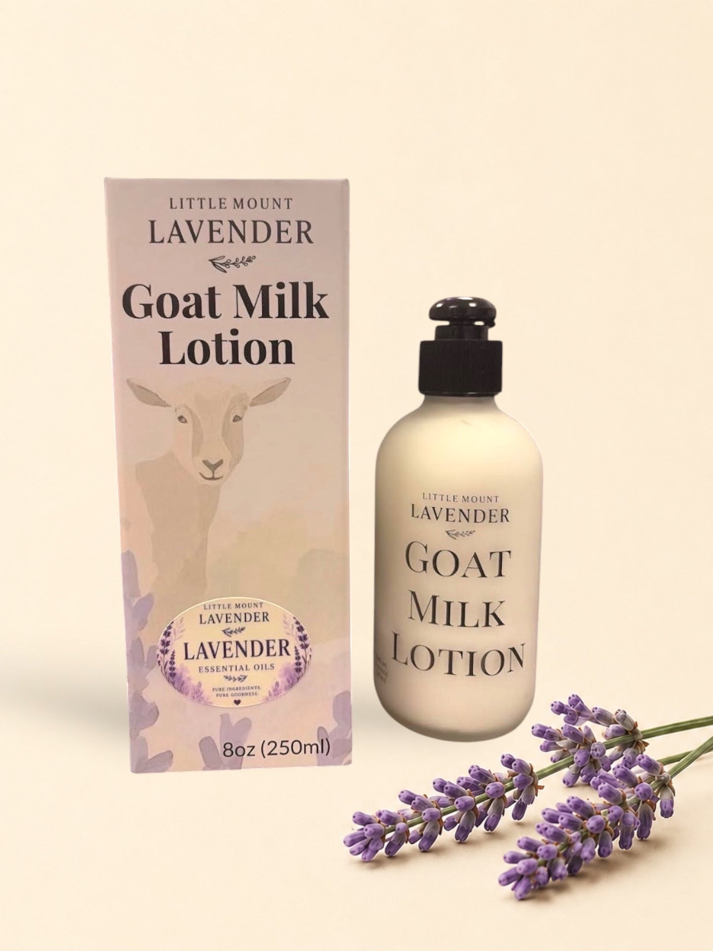 Little Mount Lavender goat milk lotion bottle and box with a goat illustration and lavender floral accents.