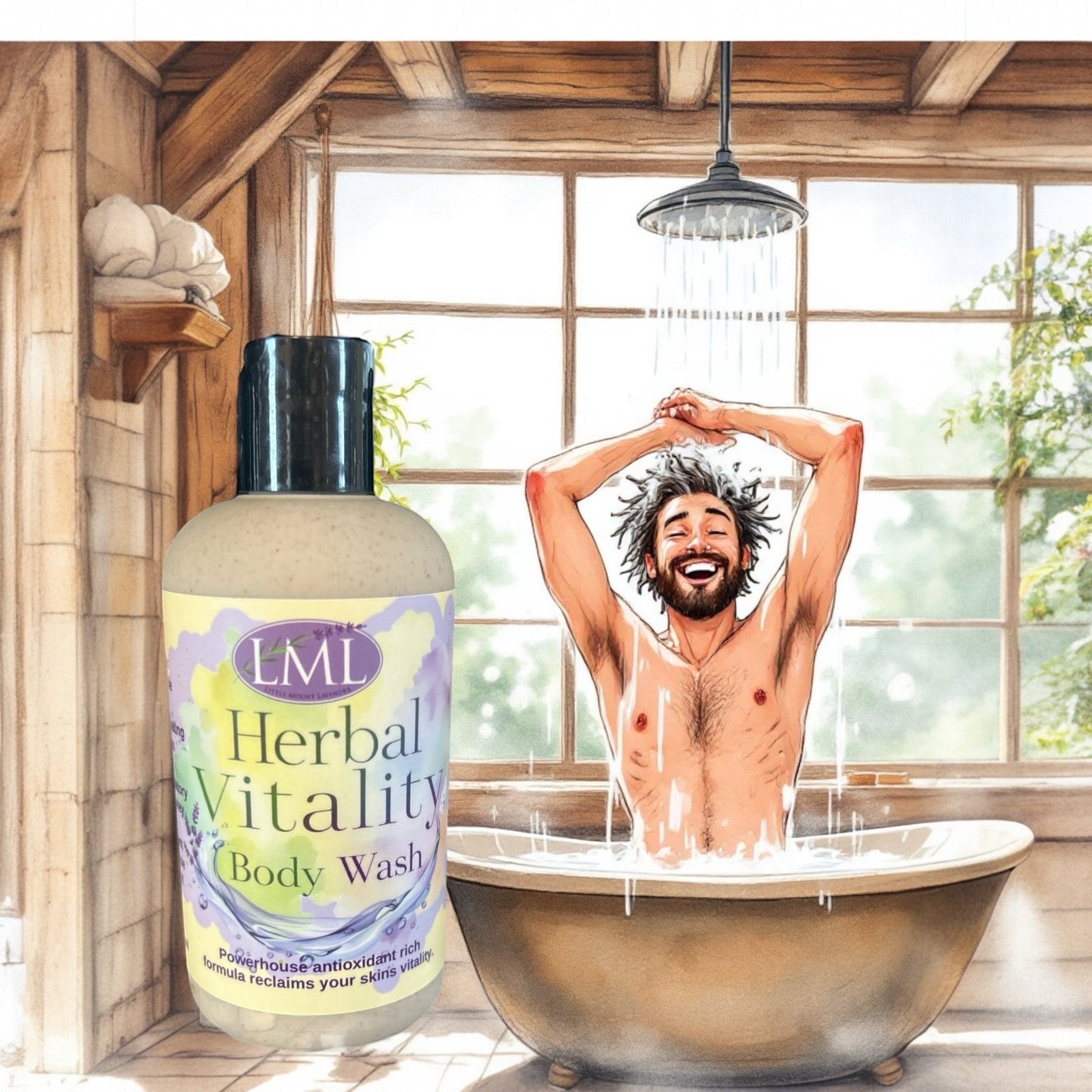 Little Mount Lavender Herbal Vitality Body Wash in a bottle next to a man enjoying a refreshing shower in a rustic bath