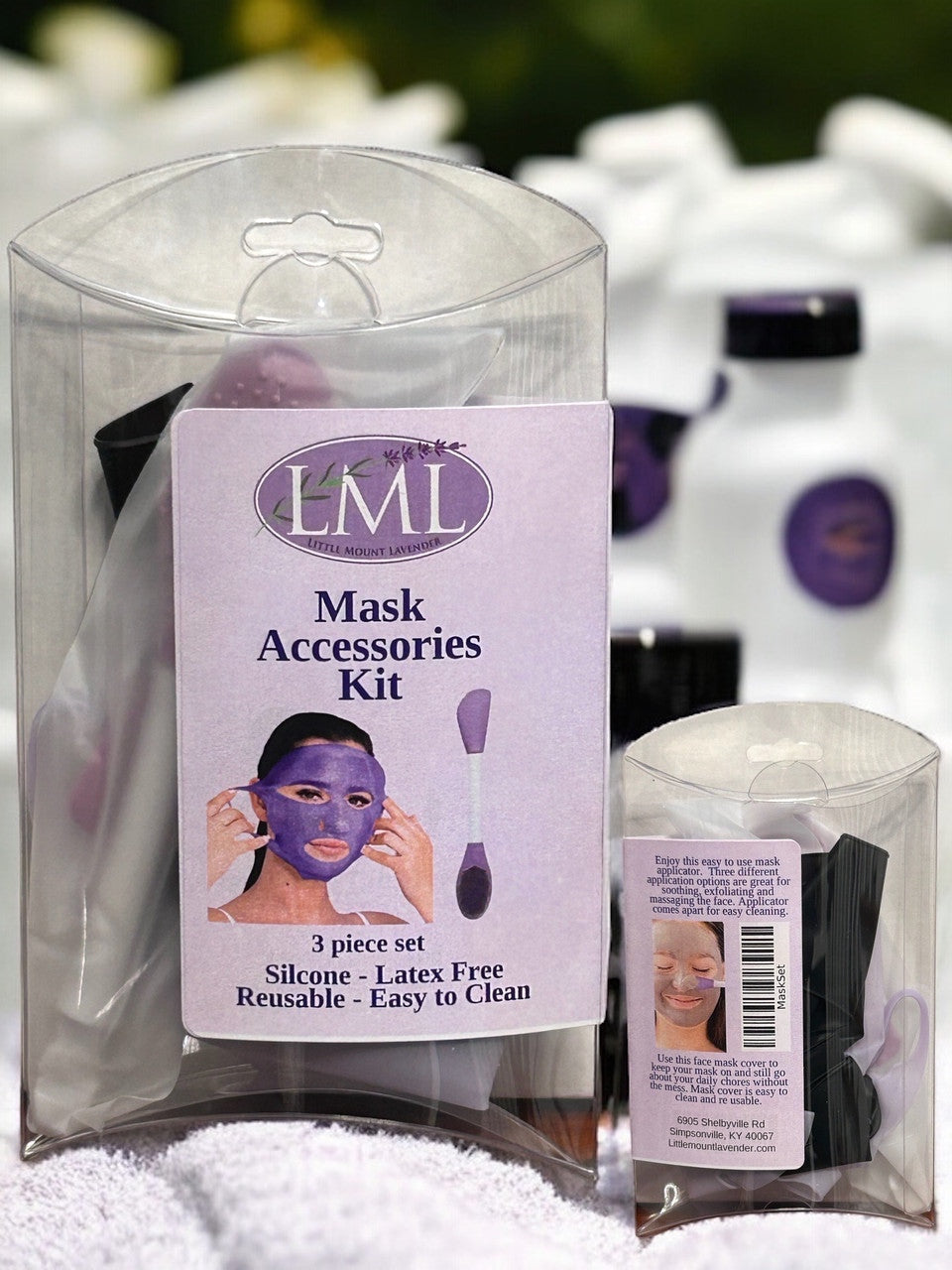 Little Mount Lavender mask accessories kit featuring reusable, latex-free silicone face masks and a spatula applicator.