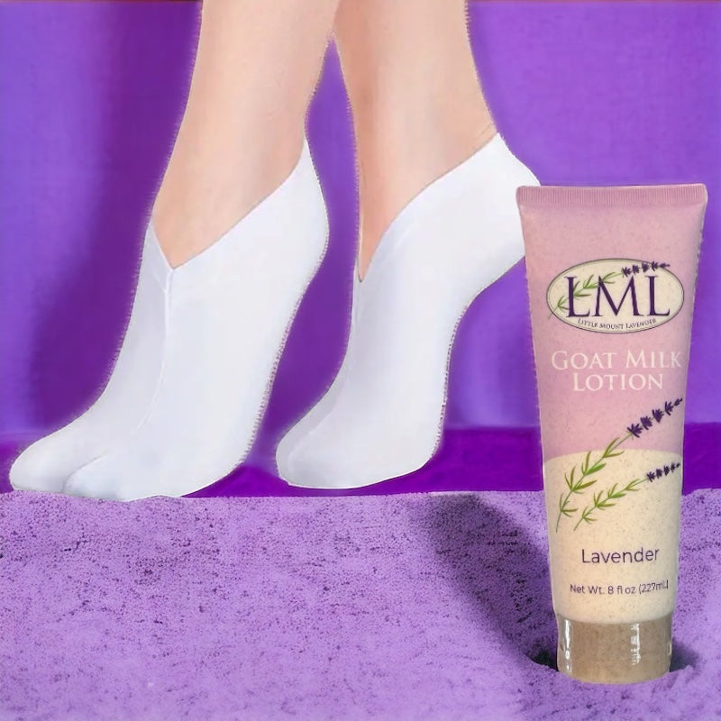Little Mount Lavender moisturizing socks in white worn with goat milk lavender lotion for spa-like foot hydration.