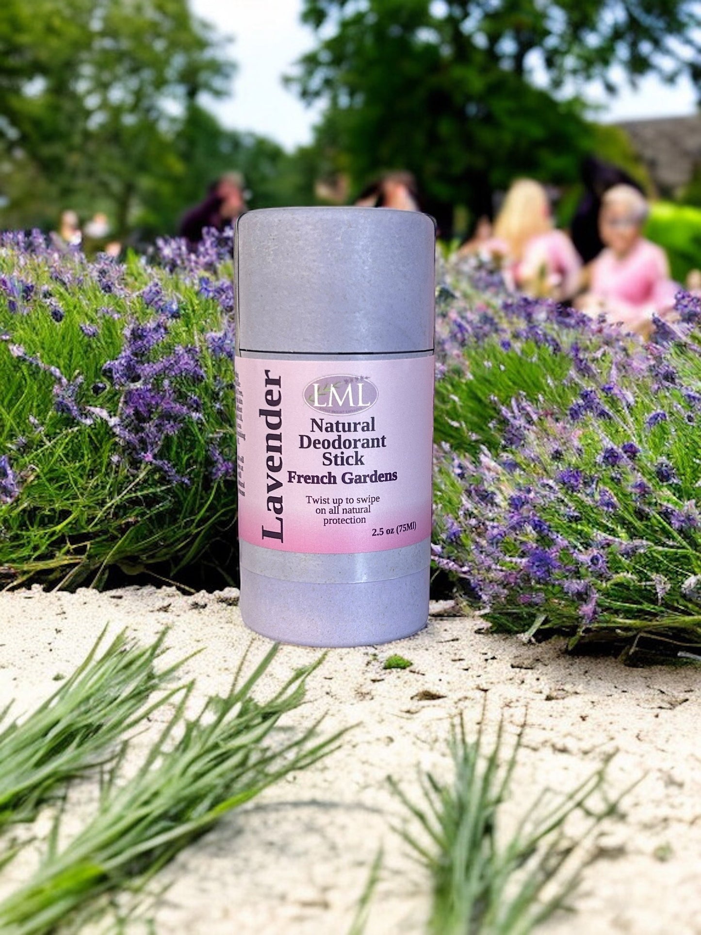 Little Mount Lavender French Garden natural deodorant in a biodegradable wheat straw twist-up container in a lavender field