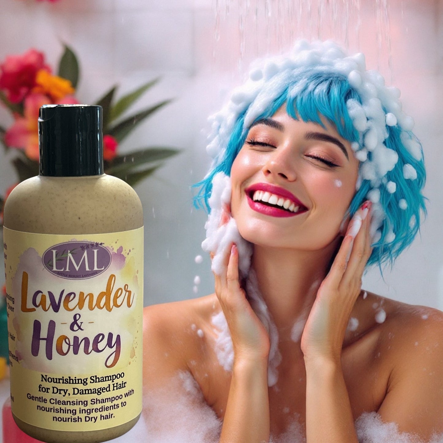 Little Mount Lavender nourishing shampoo with biotin, honey, and lavender for dry, damaged hair in a shower setting.