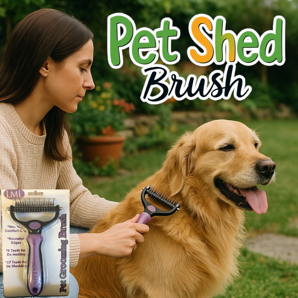 Little Mount Lavender pet grooming brush with purple handle and dual-sided metal teeth used on a golden retriever.