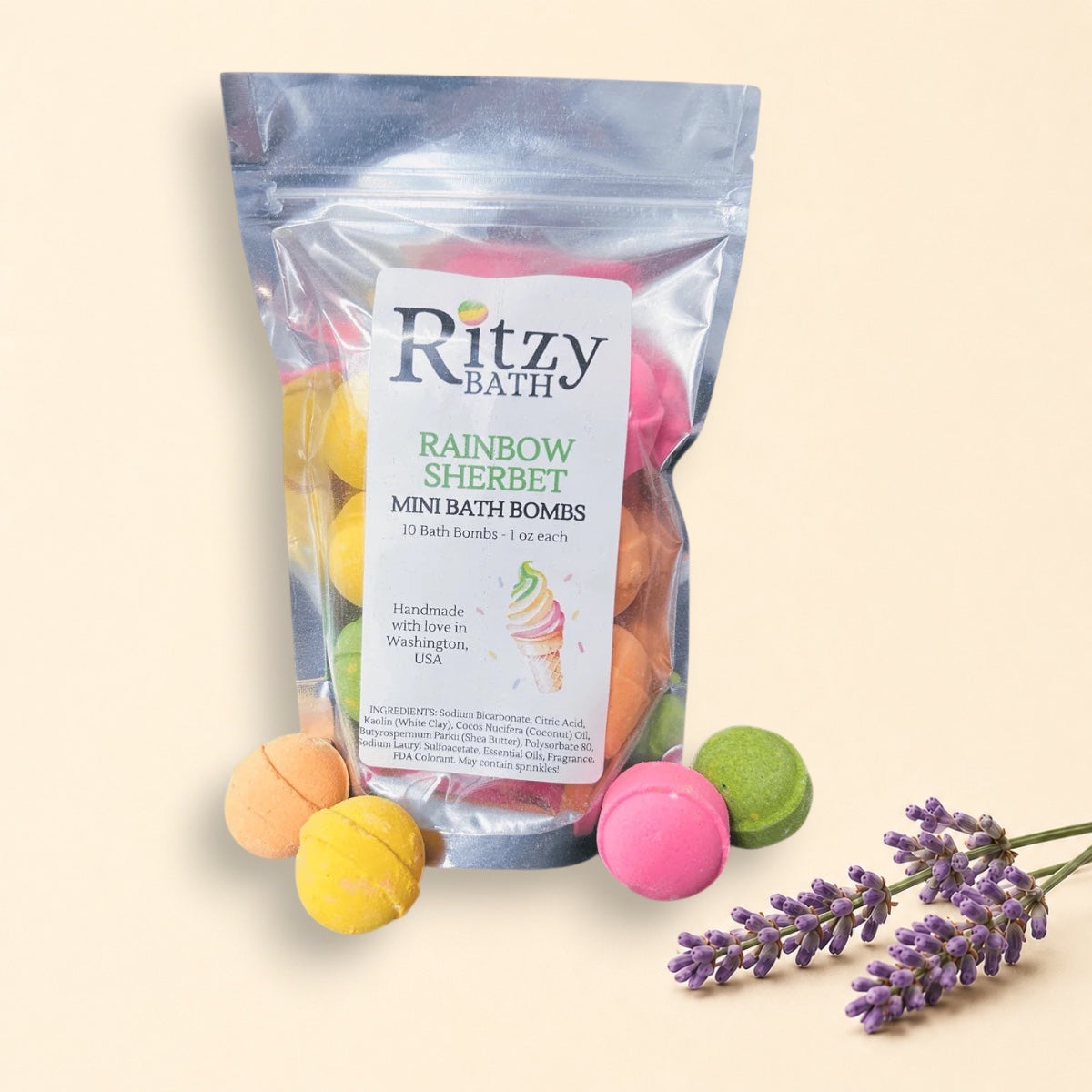 Little Mount Lavender Ritzy BATH Rainbow Sherbet mini bath bombs in a resealable pouch with colorful spheres