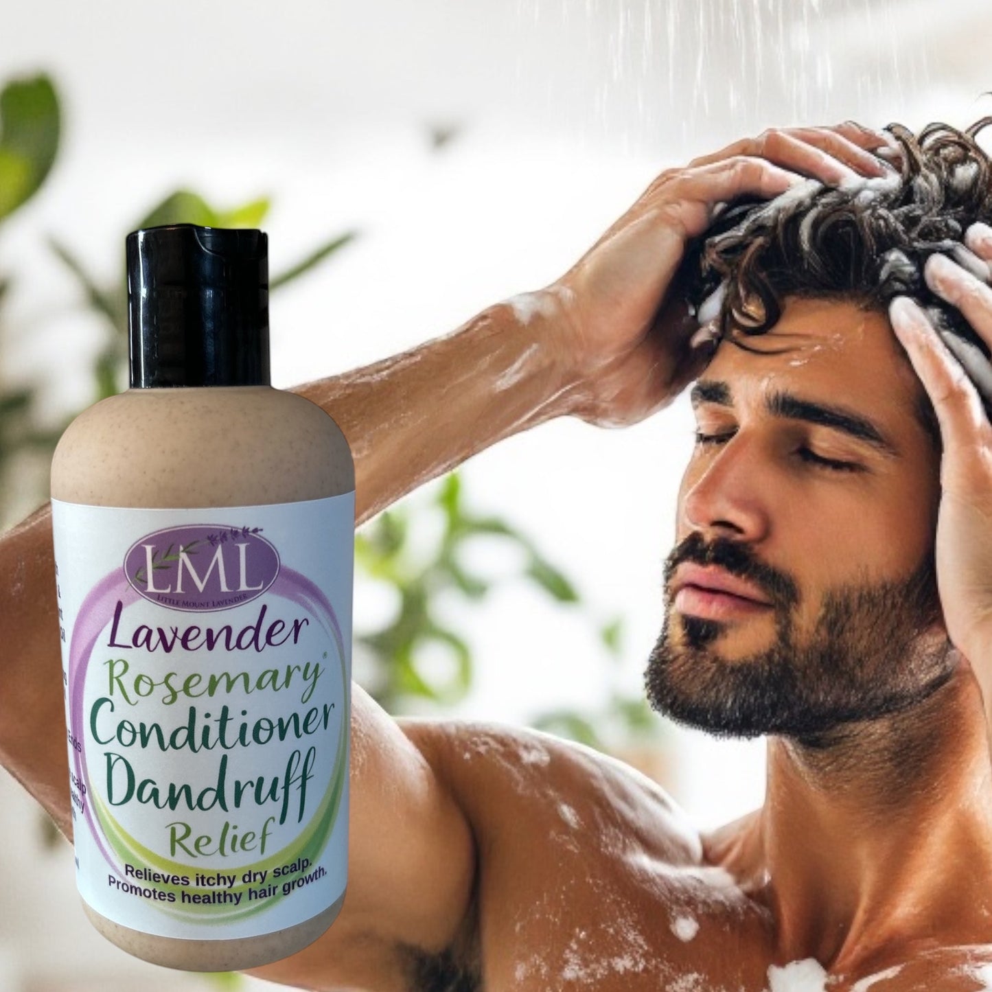 Little Mount Lavender conditioner for dry scalp with rosemary and peppermint oil, shown with a man washing his hair.