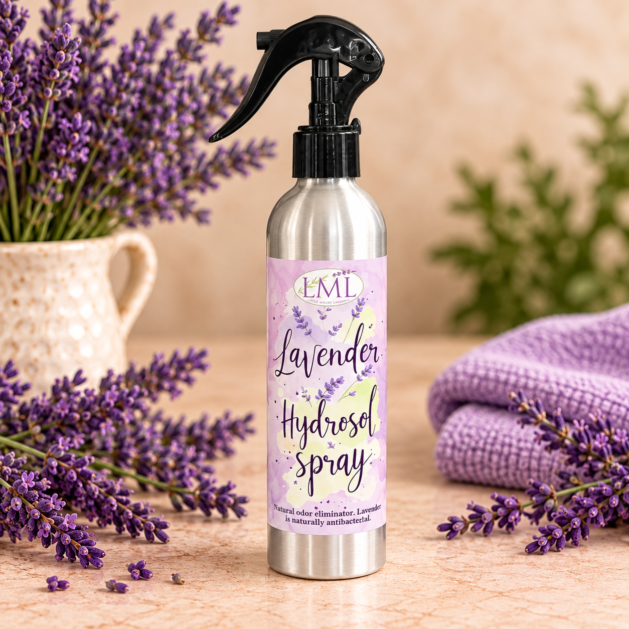 Little Mount Lavender hydrosol styled product photograph with warm cream background