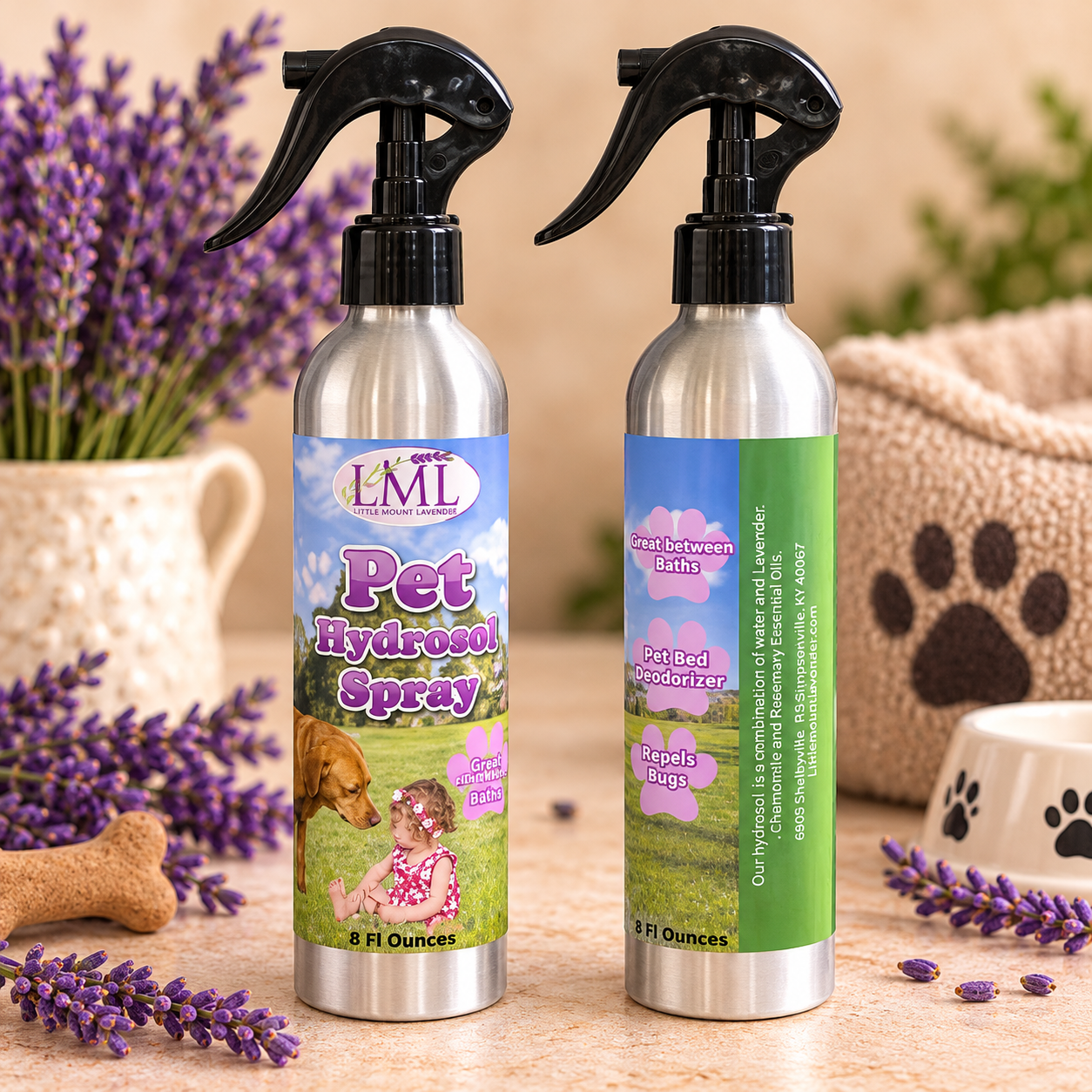 Little Mount Lavender Lavender Pet Hydrosol Spray on warm cream background with lavender accents