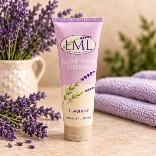Little Mount Lavender tube styled product photograph with warm cream background