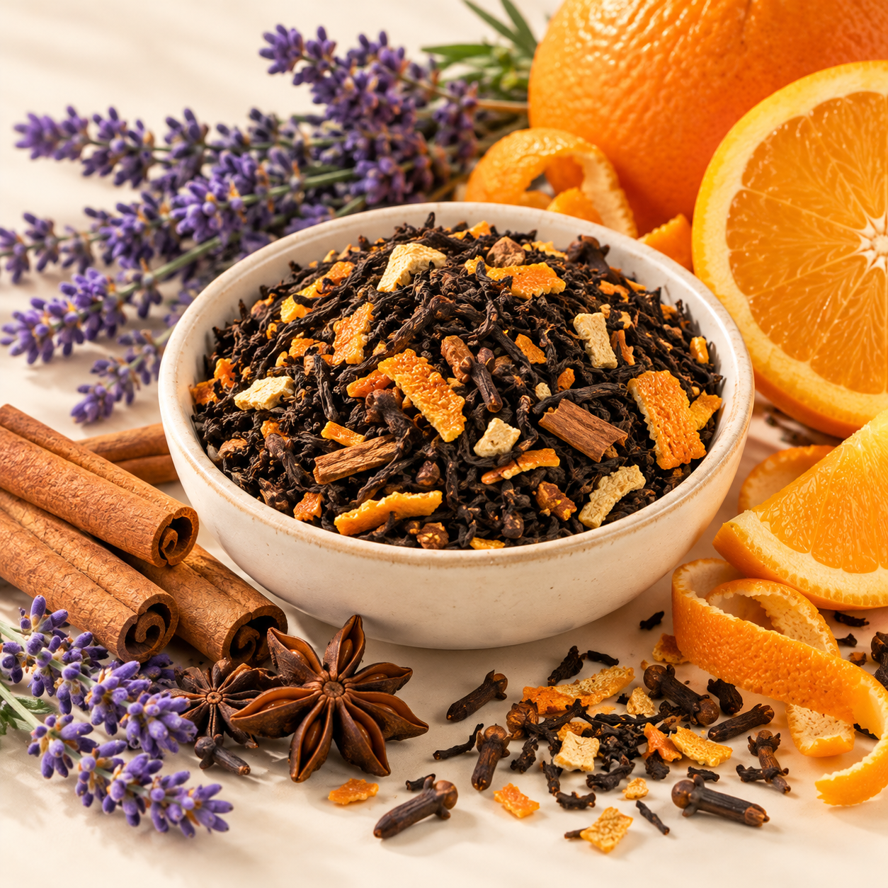 Illustrative styled scene of Orange Spice loose leaf black tea with orange, cinnamon and lavender; not product packaging