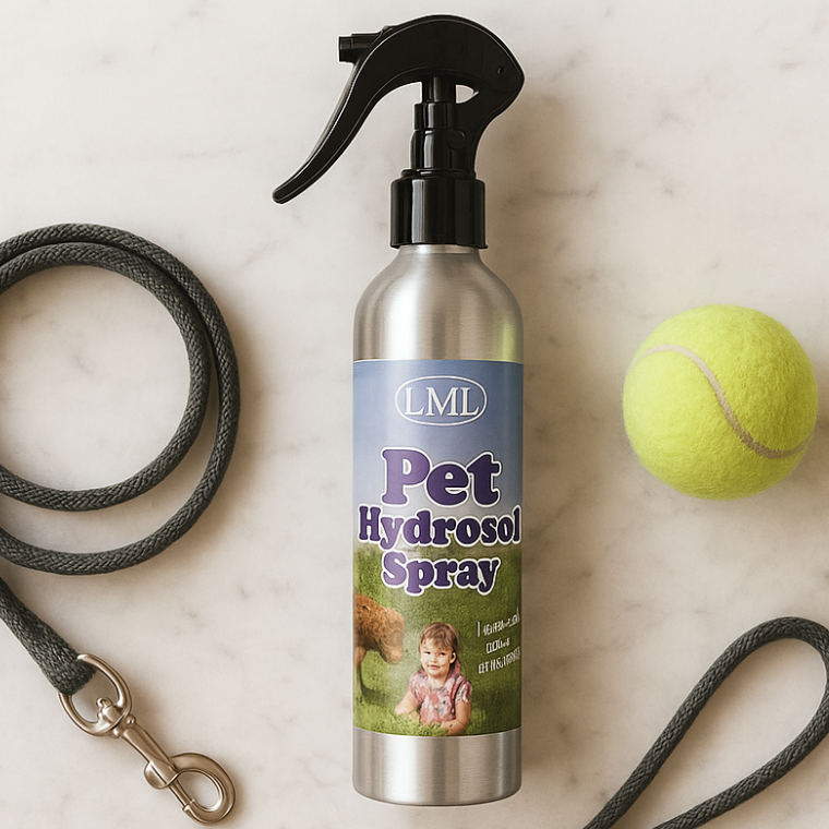 Pet hydrocol spray bottle with leash and tennis ball on a light background, featuring Little Mount Lavender branding.
