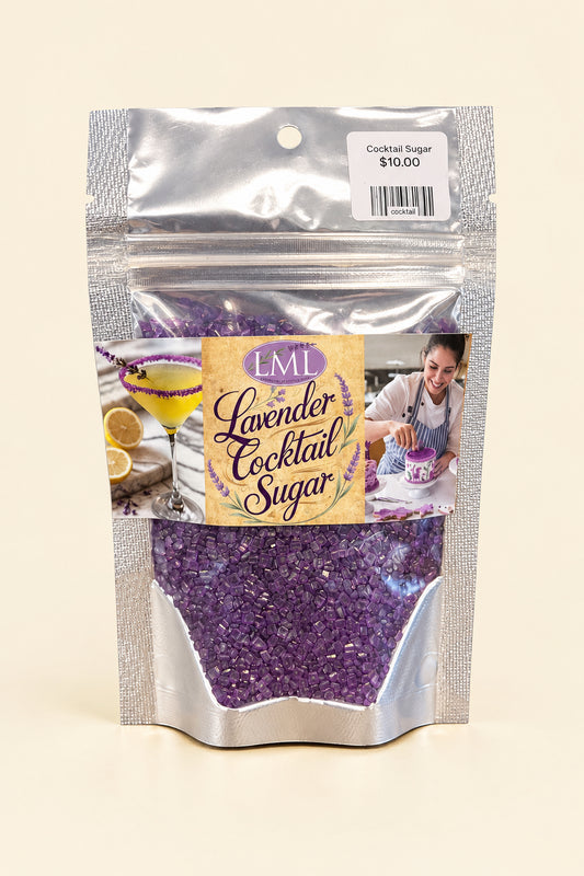 Resealable pouch of purple lavender cocktail sugar.