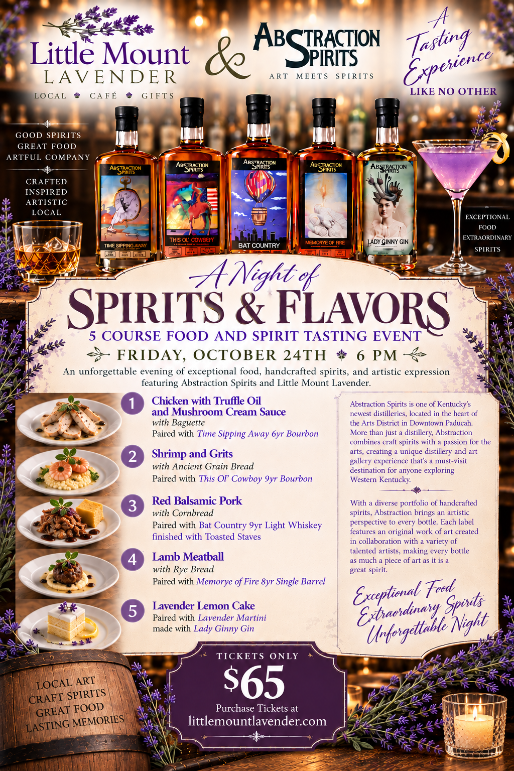 A Night of Spirits and Flavors - Featuring Abstraction Spirits of KY October 24th 6 pm