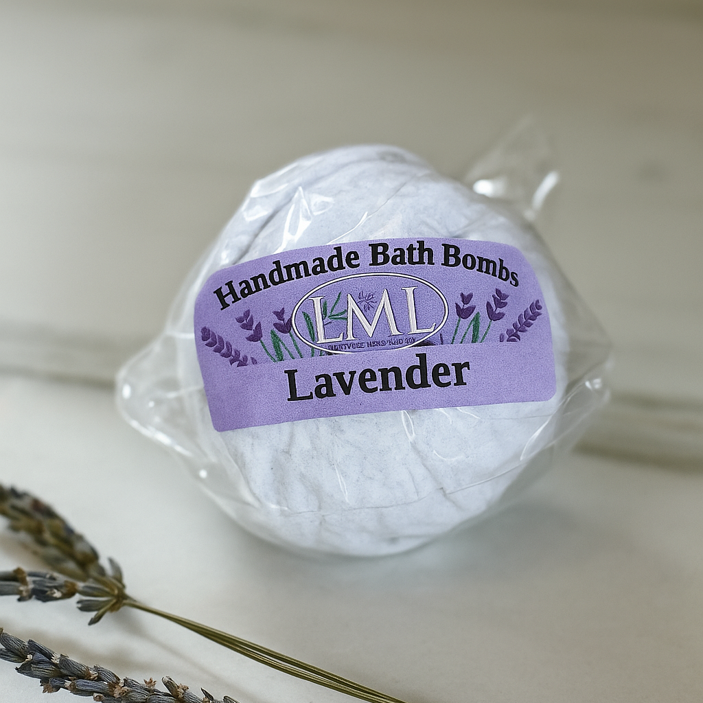 Handmade lavender bath bomb with LML label on a light background