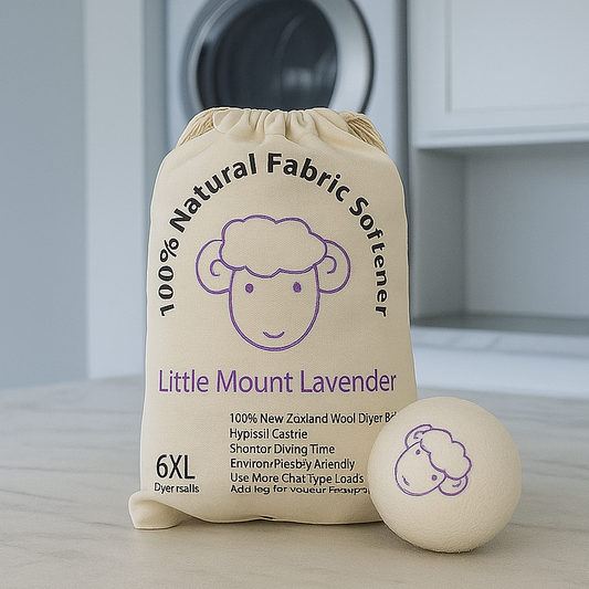 Bag of Little Mount Lavender natural fabric softener with a softener ball on a laundry room floor.