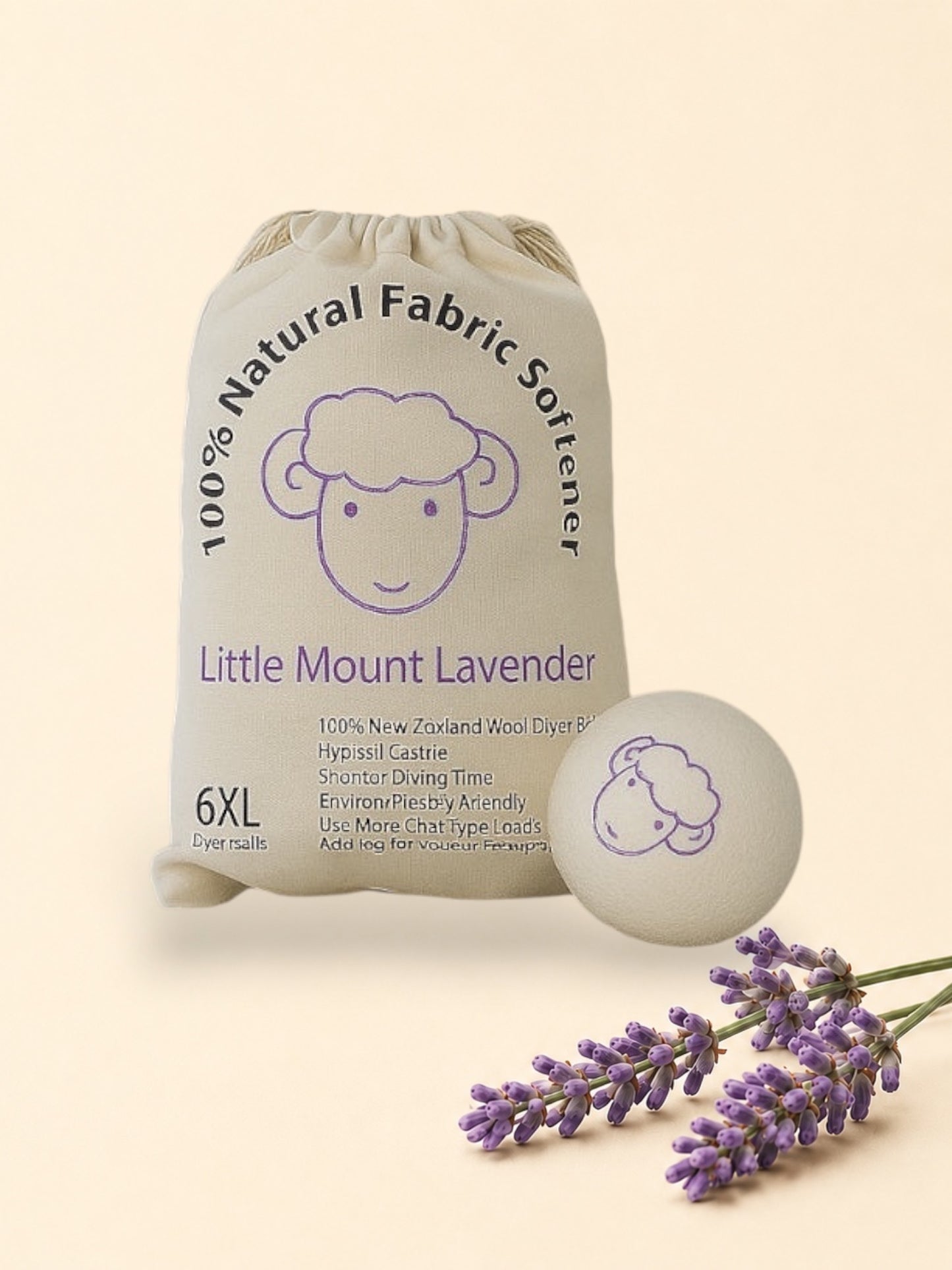 Bag of Little Mount Lavender natural fabric softener with a softener ball on a laundry room floor.
