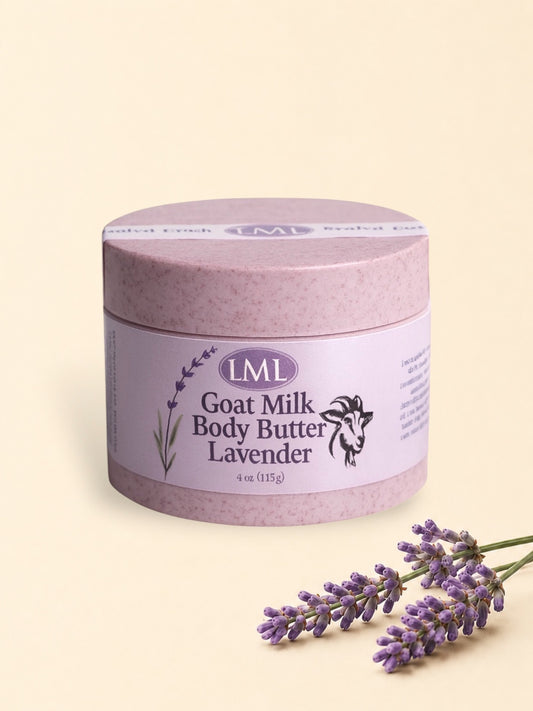 Jar of LML Goat Milk Body Butter Lavender on a light background