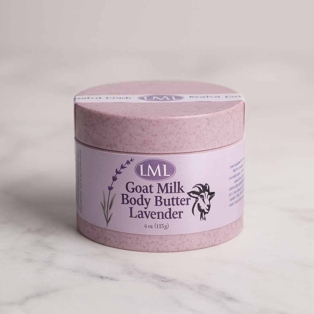 Jar of LML Goat Milk Body Butter Lavender on a light background