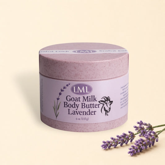 Jar of LML Goat Milk Body Butter Lavender on a light background