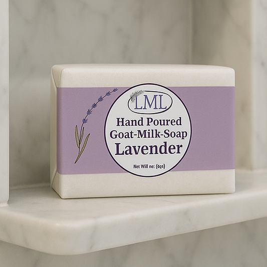 Bar of lavender soap on a marble shelf in a bathroom