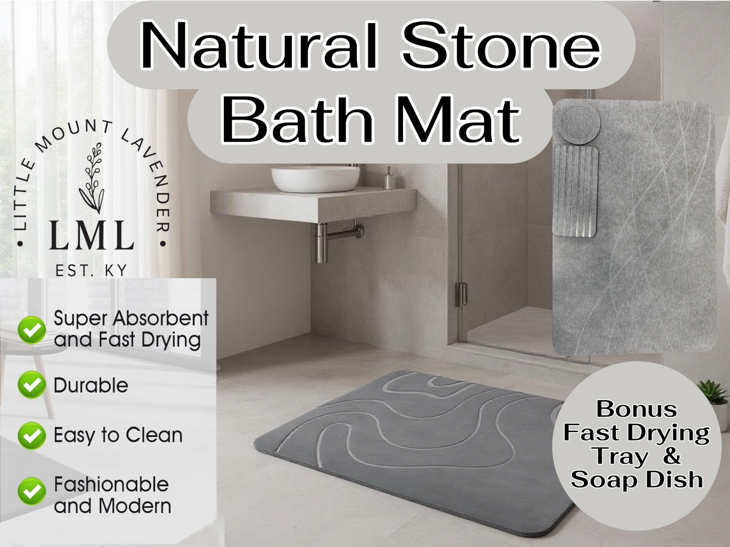 Natural Stone Mat - Large for Bath with Free Counter Top Mats