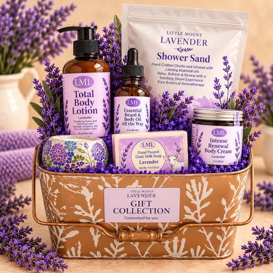 Everything Lavender Gift Set with Beard & Body Oil, body lotion, shower sand, soap, body cream and unlit decorative mosaic holder in copper gift basket