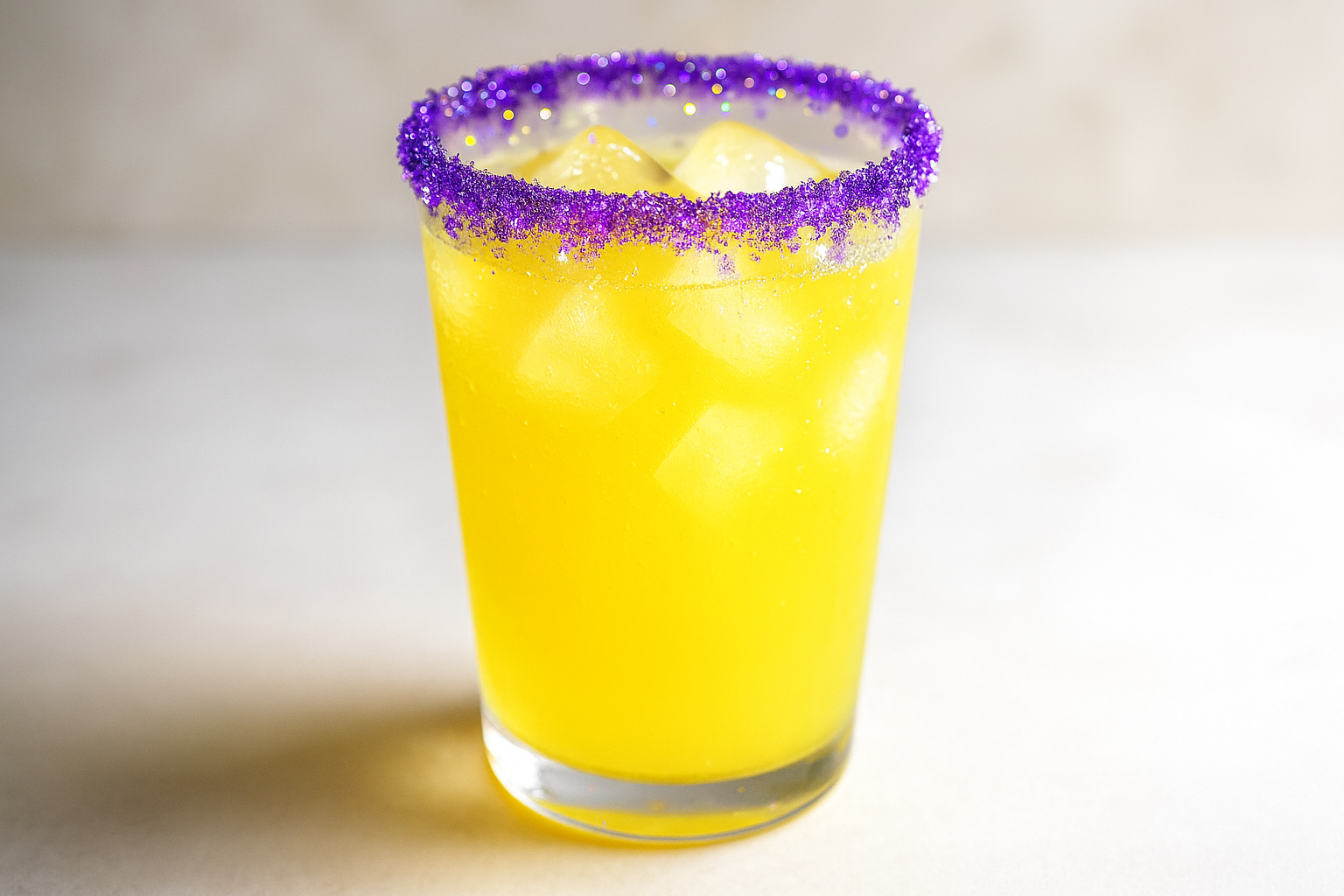 glass of lemonade with purple sugar on the rim 