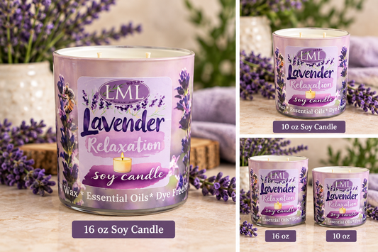 Little Mount Lavender Lavender Total Relaxation Soy Candles photographed on cream background with lavender accents