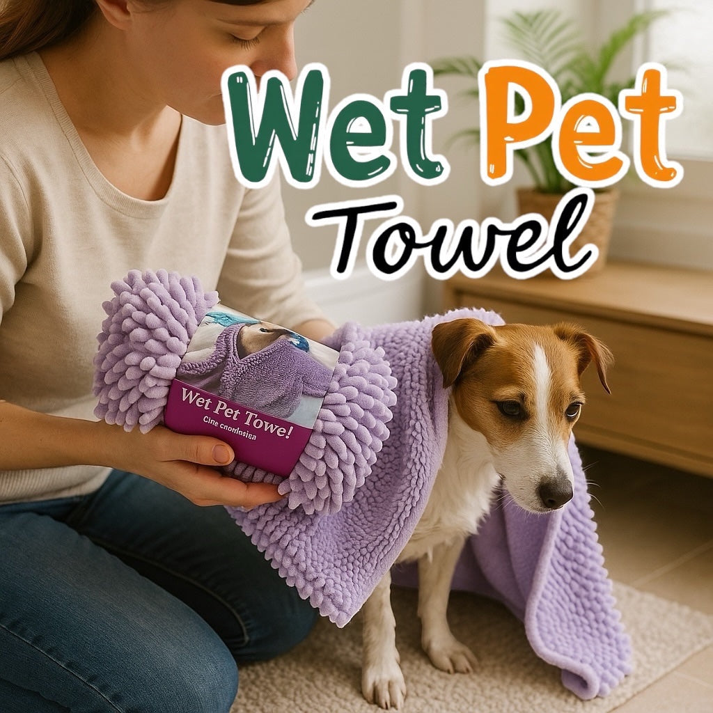 Little Mount Lavender absorbent purple microfiber pet towel with hand pockets being used to dry a small dog