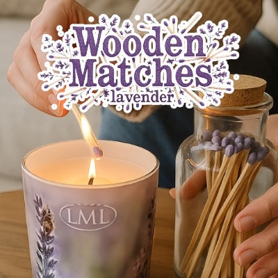 Little Mount Lavender apothecary matches with purple tips in a glass jar, used to light a lavender scented candle.