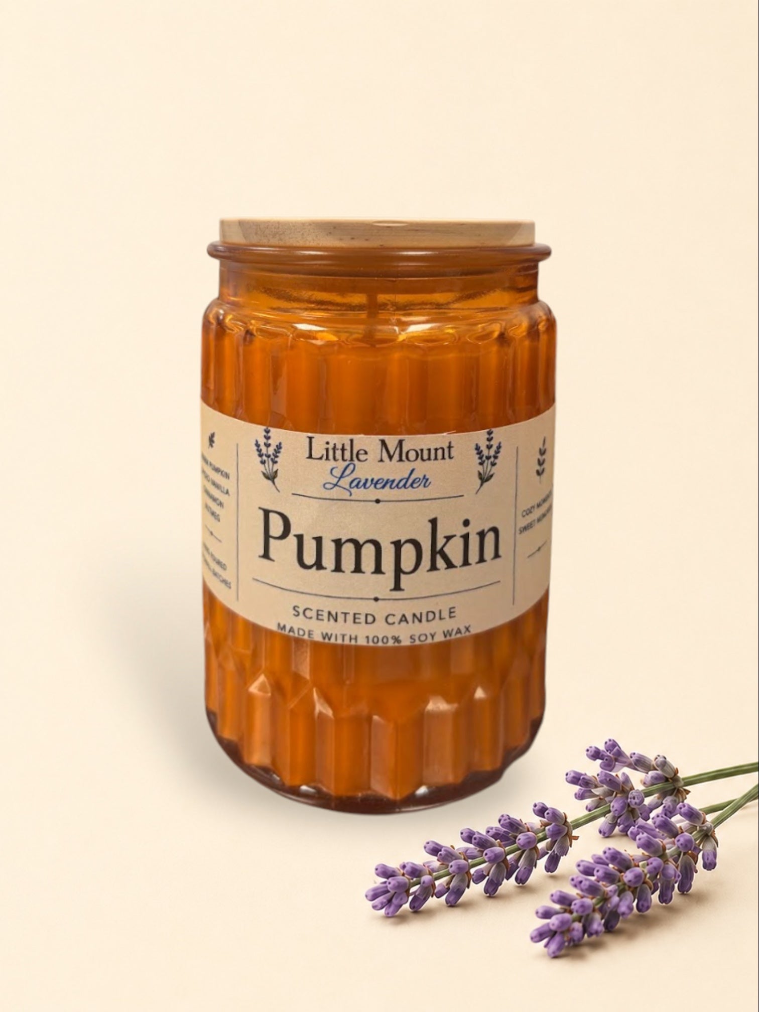 Little Mount Lavender Apple Strudel soy wax candle in a deep purple textured glass jar with a natural wooden lid.