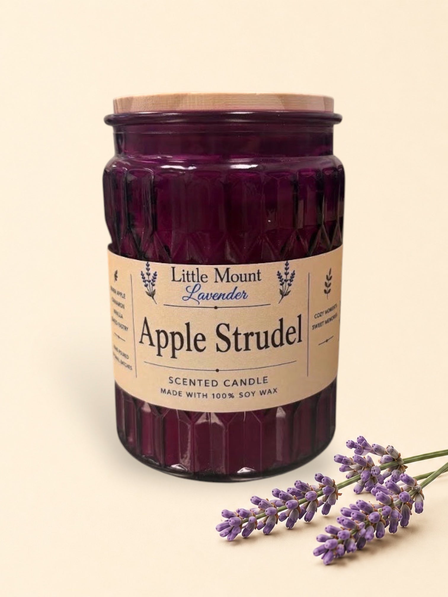 Little Mount Lavender apple strudel scented soy wax candle in a deep purple textured glass jar with a wooden lid