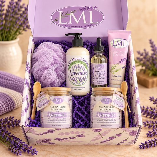 Lavender Bath Salt & Body Care Gift Set with bath salts, body wash, body oil, goat milk lotion and bath pouf in floral gift box