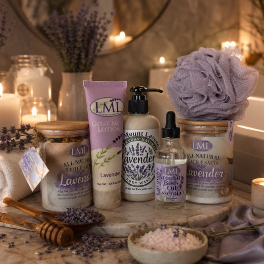Little Mount Lavender bath salt gift set featuring lavender lotion, body wash, oil, bath salts, and a purple sponge.