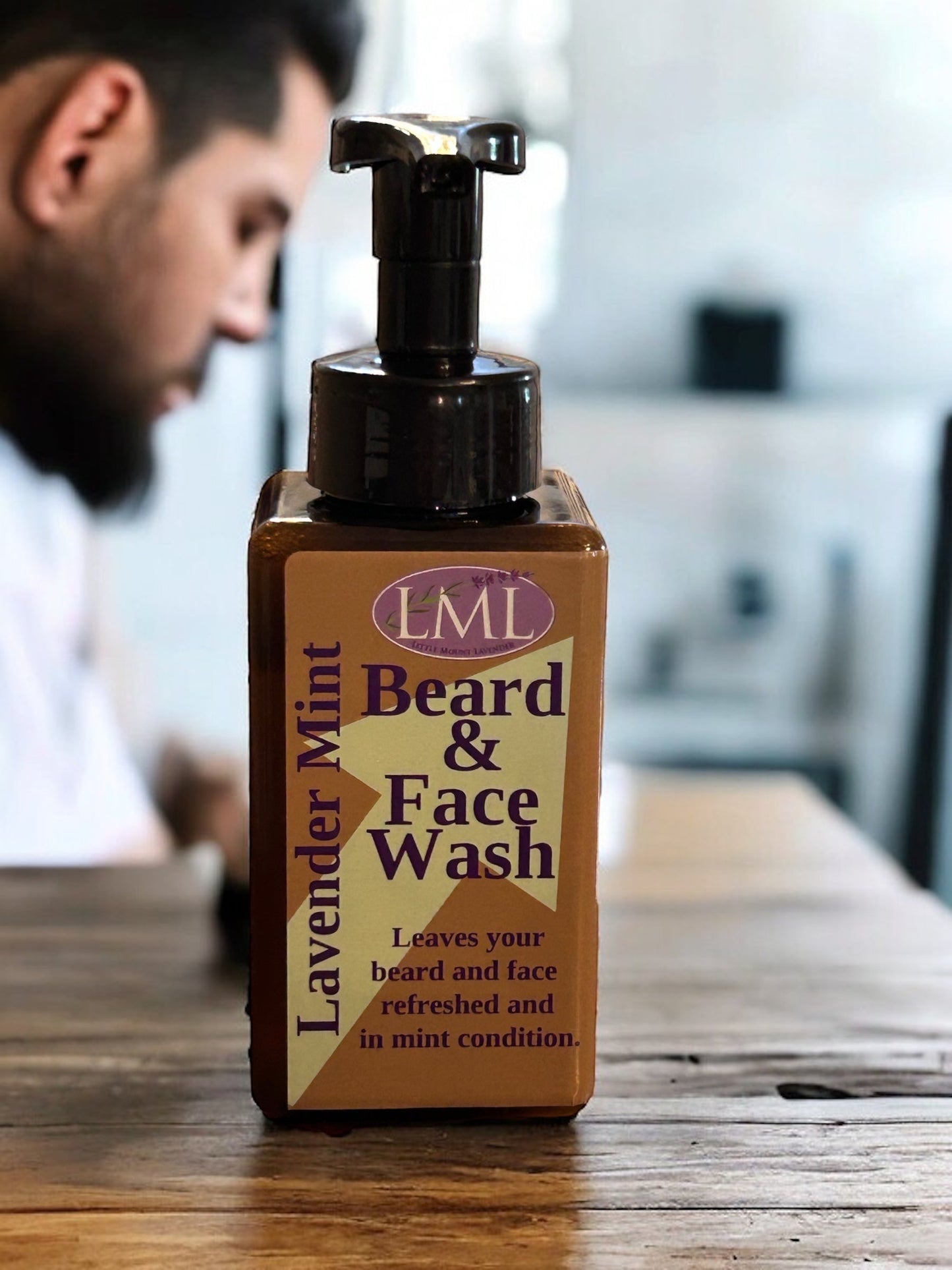 Little Mount Lavender beard and face wash in a pump bottle with a refreshing lavender and mint scent.