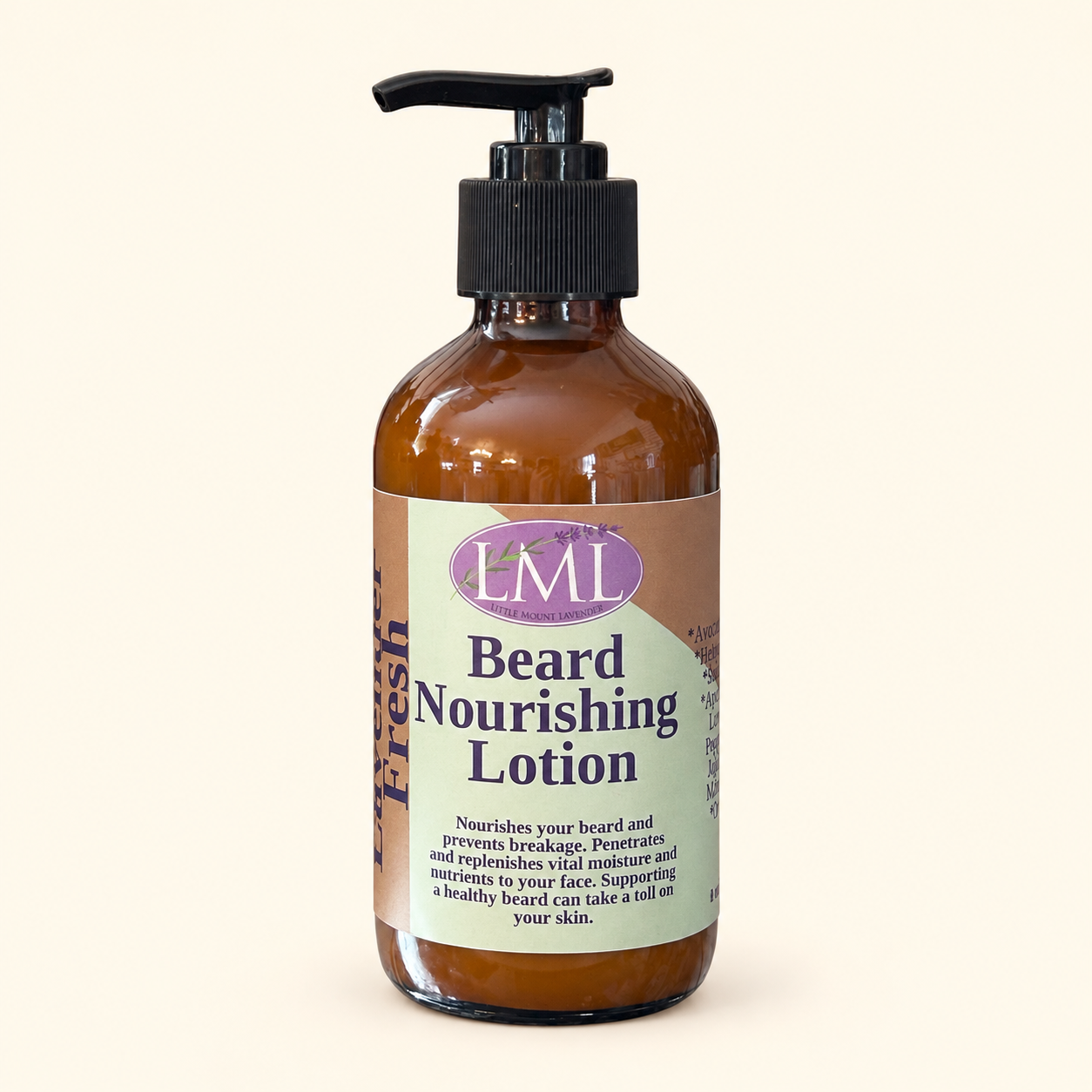Beard nourishing lotion in an amber pump bottle with a sage green label.