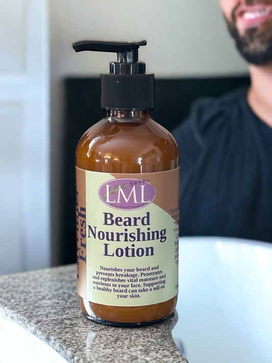 Little Mount Lavender 8 oz beard nourishing lotion with hemp oil in a pump bottle on a bathroom counter.