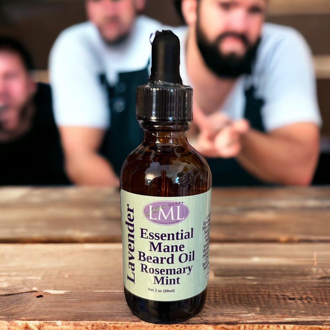 Little Mount Lavender beard oil in an amber glass dropper bottle with lavender, rosemary, and mint scent.