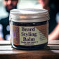 Little Mount Lavender Beard Styling Balm in a glass jar with natural ingredients like shea butter and essential oils.