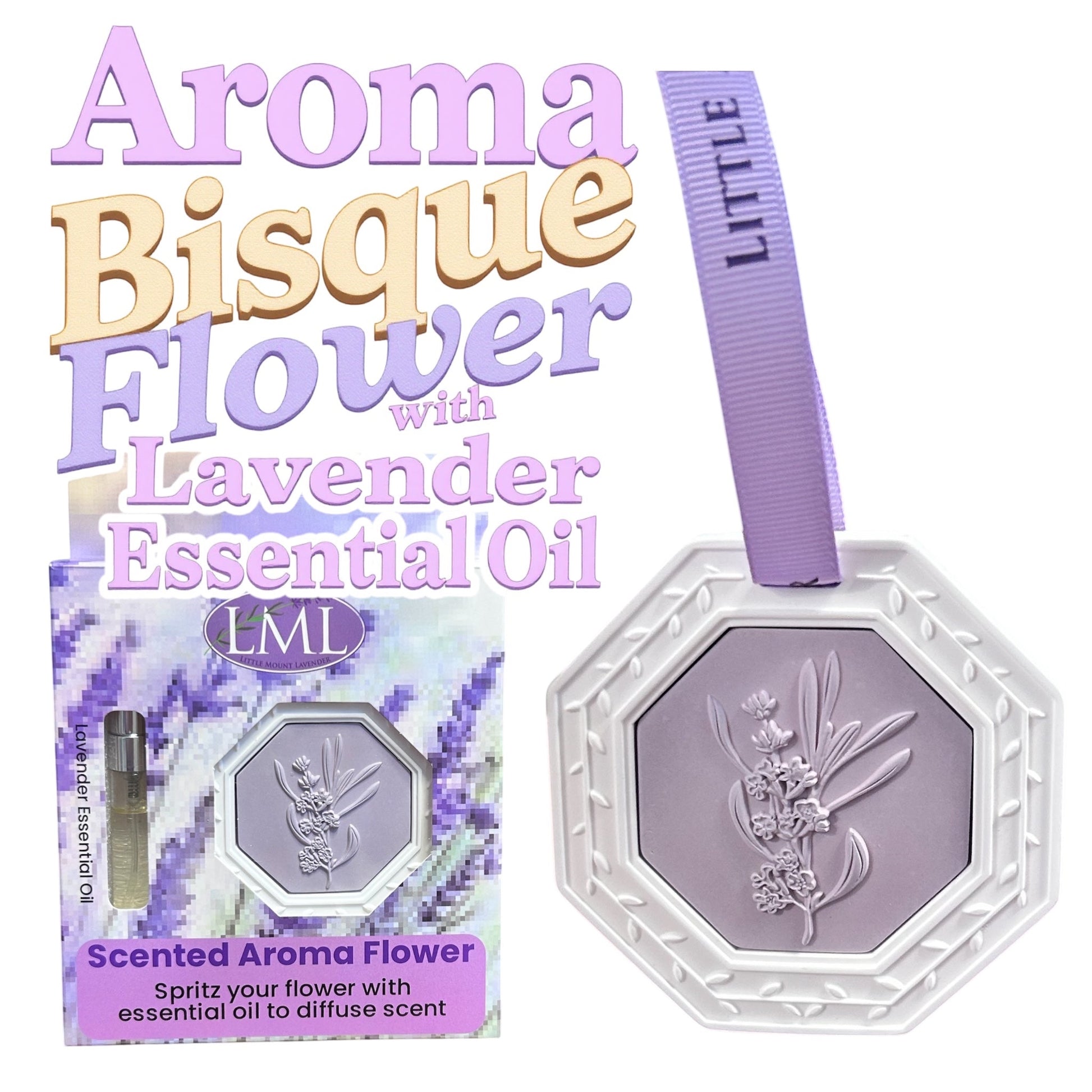 Little Mount Lavender porcelain bisque flower diffuser with lavender essential oil and purple hanging ribbon.