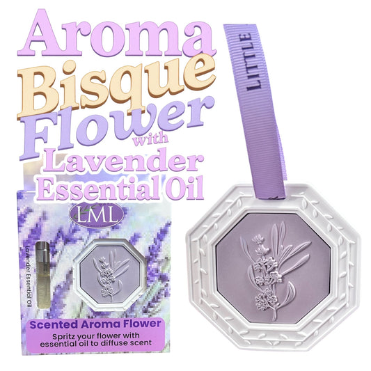 Little Mount Lavender porcelain bisque flower diffuser with lavender essential oil and purple hanging ribbon.