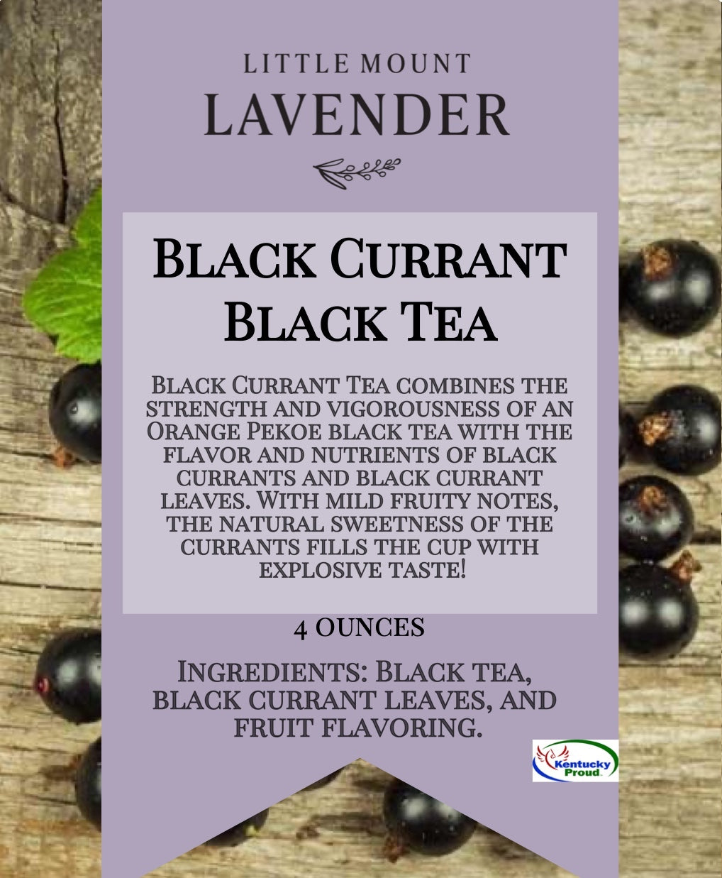 Little Mount Lavender Black Currant Black Tea packaging with fresh black currants on a rustic wooden background.