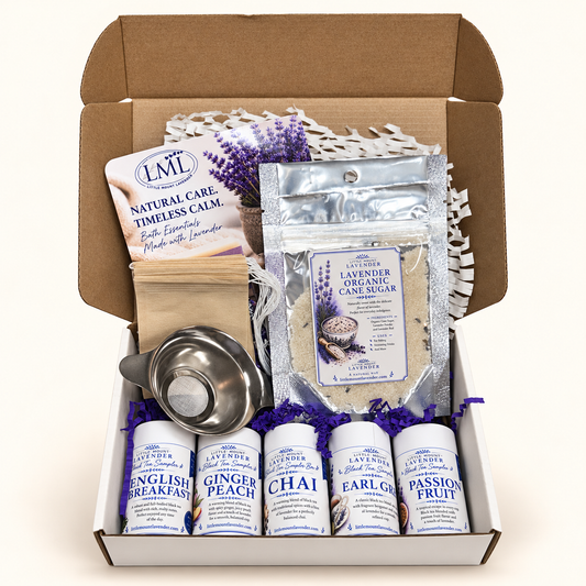 Open black tea starter box with five tea samples, infuser, paper tea bags and lavender sugar.
