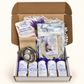Open black tea starter box with five tea samples, infuser, paper tea bags and lavender sugar.